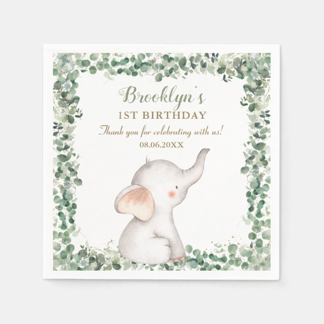 Niedlicher Elefant Grüne Gender Neutral 1. Geburts Serviette (Vorderseite)