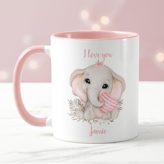 Niedlicher Elefant Herzvalentine Liebe Rosa Name Tasse (Cute Elephant Heart Valentine love Pink Name Mug)
