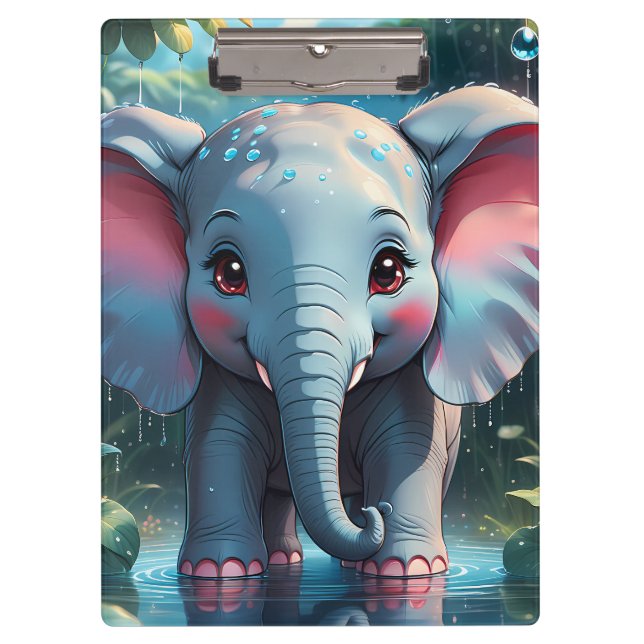 Niedlicher Elefant im Regen Klemmbrett (Vorderseite)
