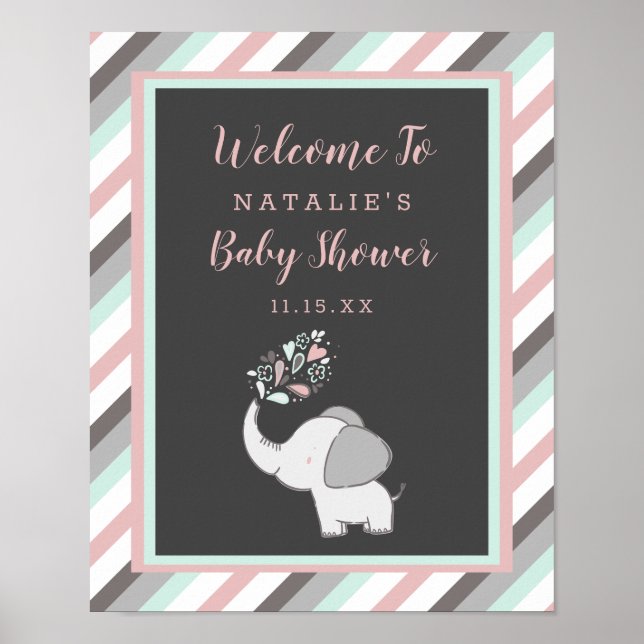 Niedlicher Elefant in Pink & Mint Babydusche Empfa Poster (Vorne)