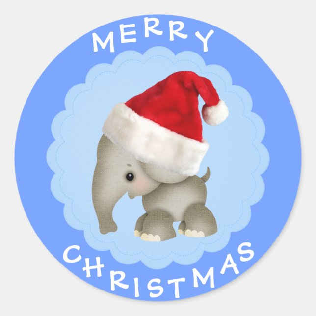 Niedlicher Elefant in Weihnachtsmannmütze Blue Chr Runder Aufkleber (Vorderseite)