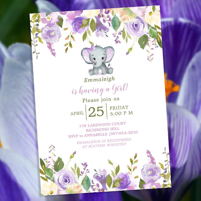 Niedlicher Elefant Lila Spring Floral Baby Dusche Einladung (Von Creator hochgeladen)