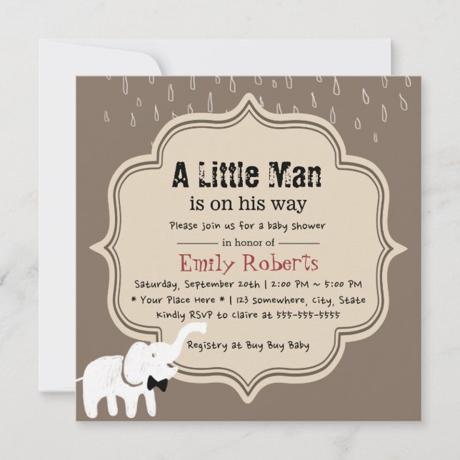 Niedlicher Elefant Little Man Dark Tan Baby Dusche Einladung (Vorderseite)