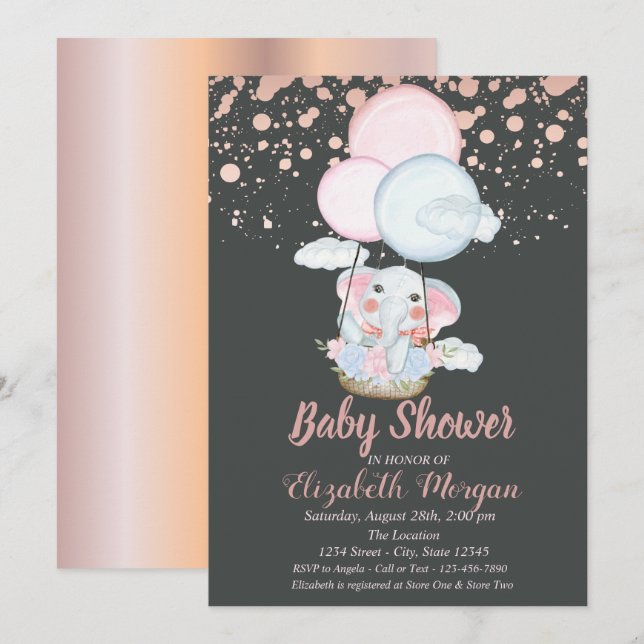 Niedlicher Elefant, Luftballon, Rose Gold Baby Dus Einladung (Vorne/Hinten)
