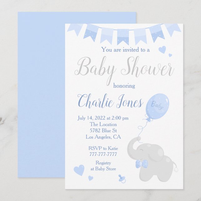 Niedlicher Elefant mit Balloon Baby Shower Boy Einladung (Vorne/Hinten)