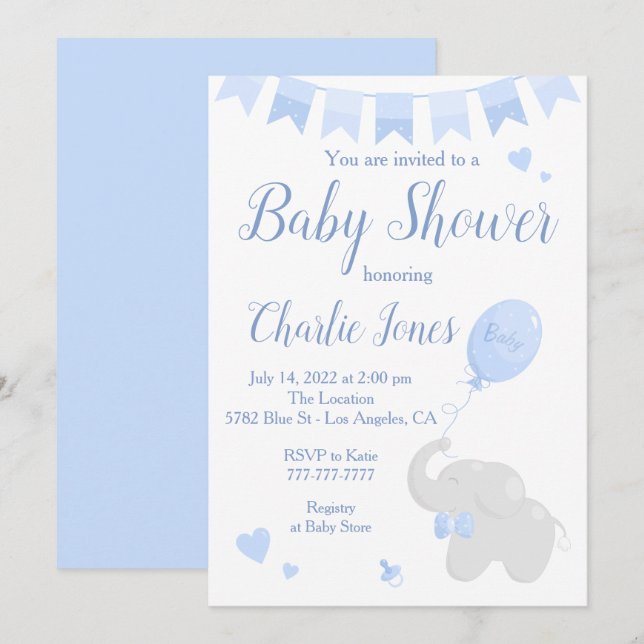 Niedlicher Elefant mit Balloon Baby Shower Boy Einladung (Vorne/Hinten)