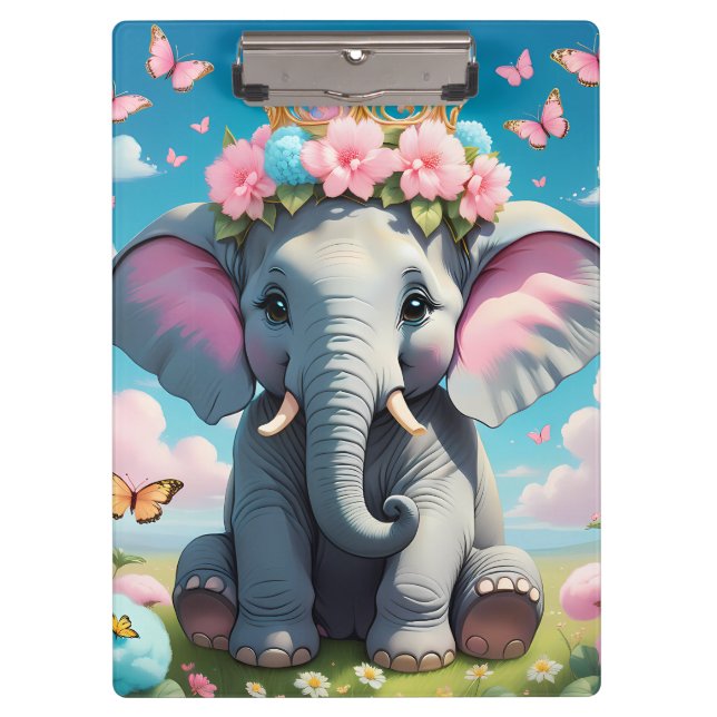 Niedlicher Elefant mit einer Blume Klemmbrett (Vorderseite)