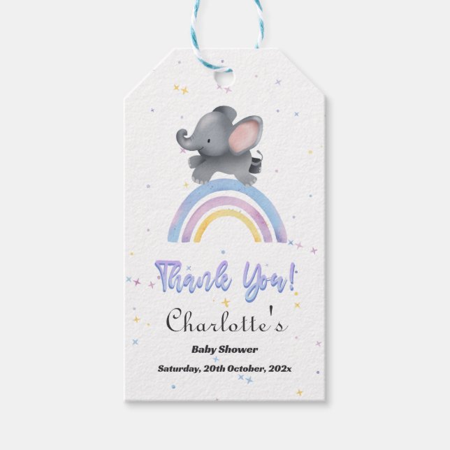 Niedlicher Elefant mit farbenfroher Rainbow Baby-D Geschenkanhänger (Vorderseite)