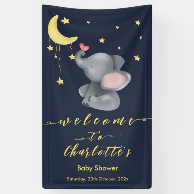 Niedlicher Elefant mit kleiner Schmetterlingsdusch Banner (Vertikal)