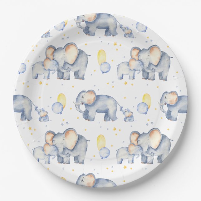 Niedlicher Elefant mit Mommy Watercolor Babydusche Pappteller (Vorderseite)