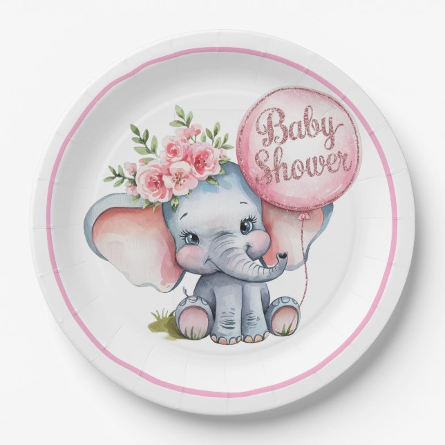 Niedlicher Elefant mit Pink Balloons Girl Baby Dus Pappteller (Vorderseite)