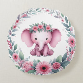 Niedlicher Elefant mit rosafarbener Blüte Rundes Kissen