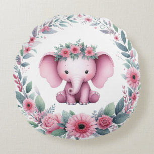 Niedlicher Elefant mit rosafarbener Blüte Rundes Kissen
