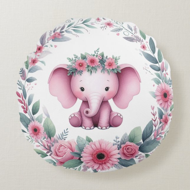 Niedlicher Elefant mit rosafarbener Blüte Rundes Kissen (Vorderseite)