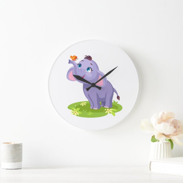 Niedlicher Elefant mit Schmetterlingsmauer Große Wanduhr (Zuhause)
