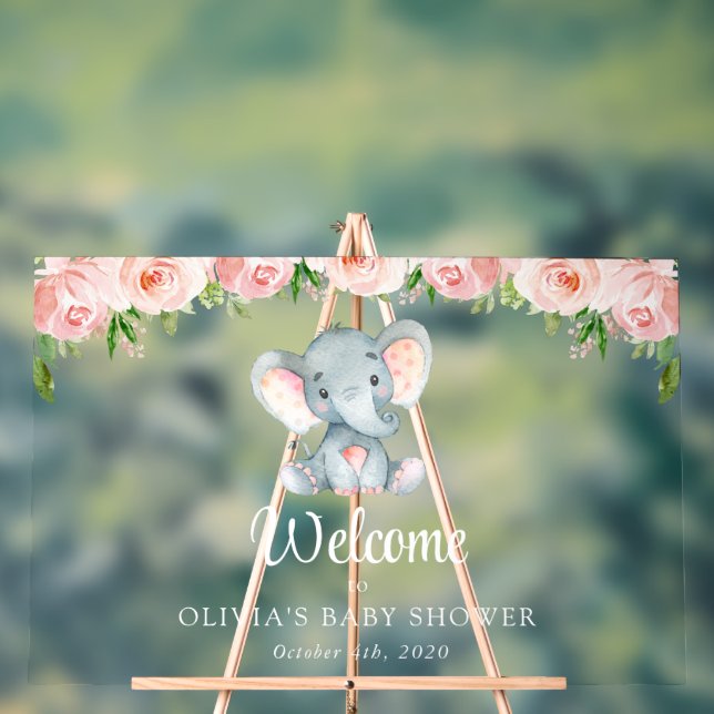 Niedlicher Elefant, rosa Blume, Babydusche Empfang Acrylschild (Neutral)
