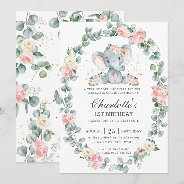 Niedlicher Elefant Rosa Blumengrün 1. Geburtstag Einladung (Vorne/Hinten)