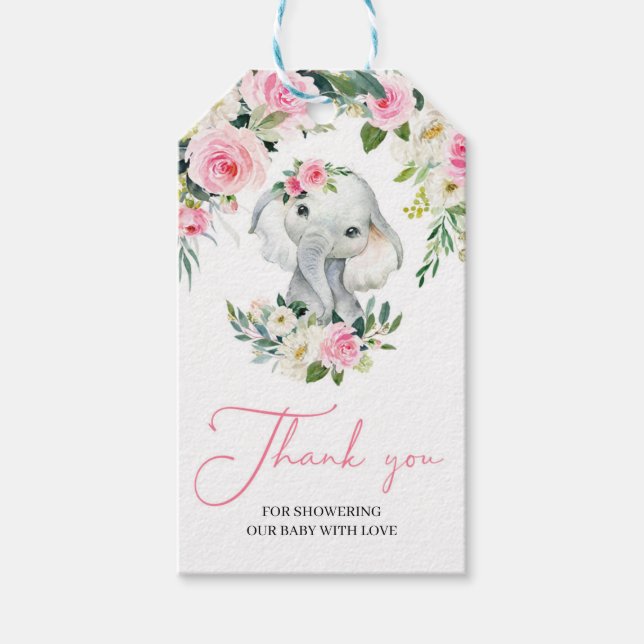 Niedlicher Elefant Rosa Blumengrün Baby Geschenkanhänger (Vorderseite)