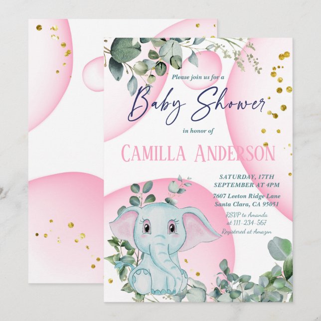 Niedlicher Elefant Safari Jungle Wild Pink Bubbles Einladung (Vorne/Hinten)