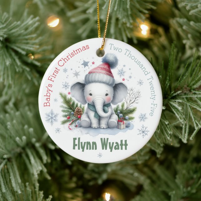 Niedlicher Elefant Snowflake Baby's First Christma Keramik Ornament (Baum)