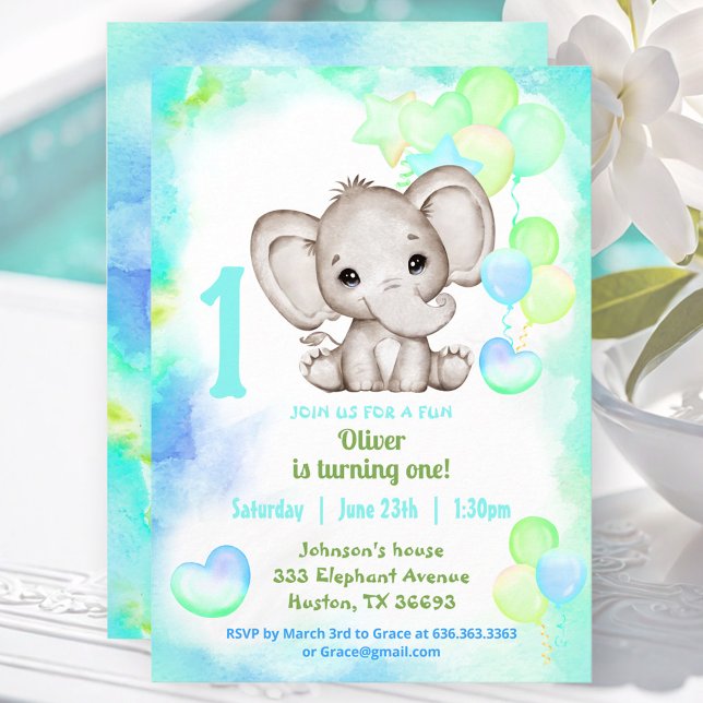 Niedlicher Elefant Summer Colorful Junge 1. Geburt Einladung (Cute Elephant Summer Colorful Boy 1stBirthday Invitation)