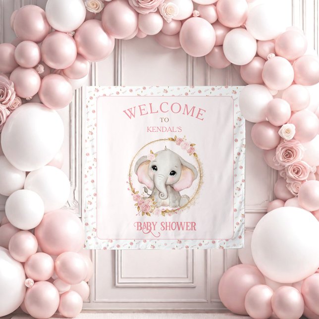 Niedlicher Elefant und Blume Babydusche Begrüßungs Wandteppich (Cute Elephant and Flowers Baby Shower Welcome Sign Tapestry)