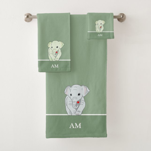Niedlicher Elefant und Monogramm auf Grün Badhandtuch Set (Insitu)