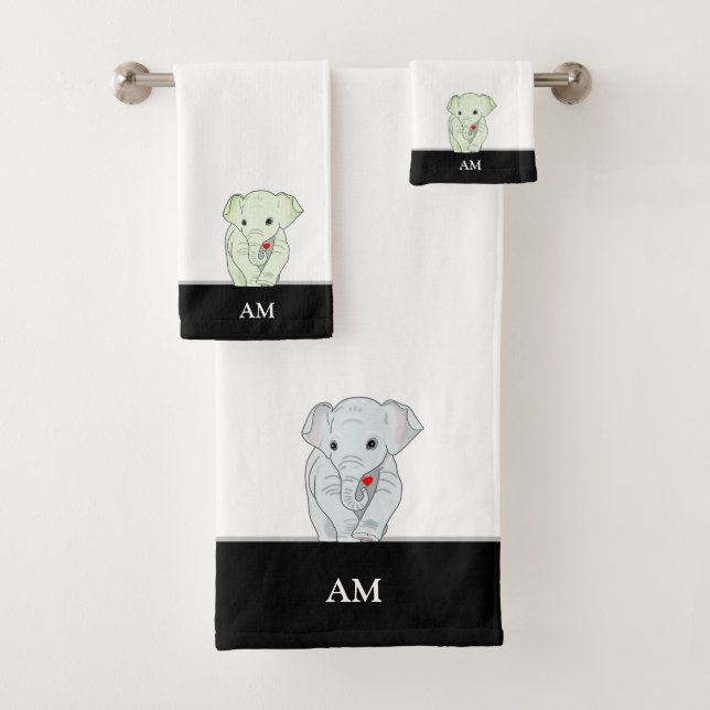 Niedlicher Elefant und Monogramm auf Schwarz und W Badhandtuch Set (Insitu)