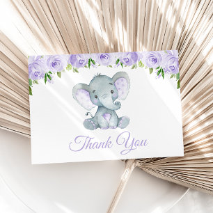 Niedlicher Elefant, violette Blumen, erster Geburt Dankeskarte