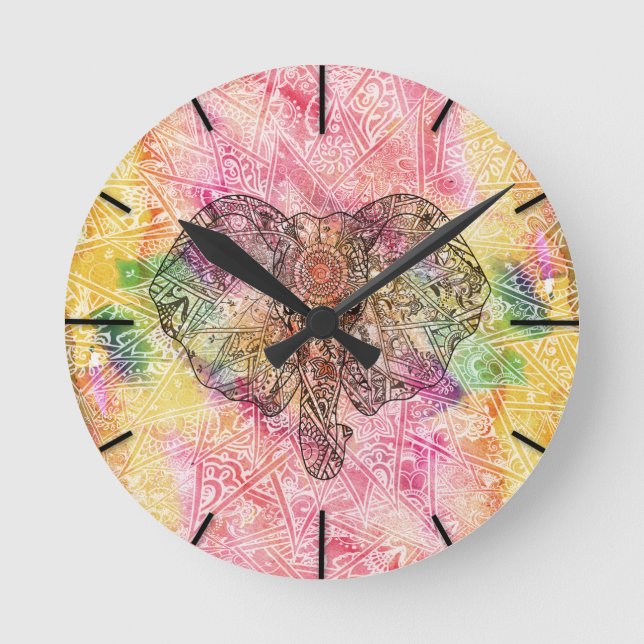 Niedlicher Elefant Watecolor handgezeichnete Henna Runde Wanduhr (Vorderseite)