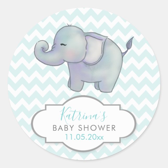 Niedlicher Elefant | Zickzack Blue Baby Dusche Vie Runder Aufkleber (Vorderseite)