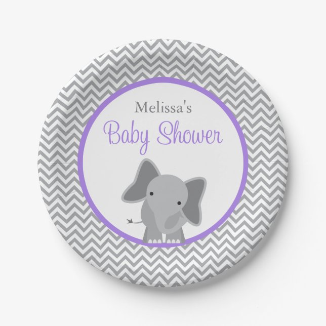 Niedlicher Elefant-Zickzack lila Baby-Dusche Pappteller (Vorderseite)