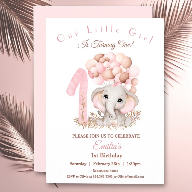 Niedlicher Elefantenrosa Einladung (First Birthday Girl Cute Elephant Pink Invitation)