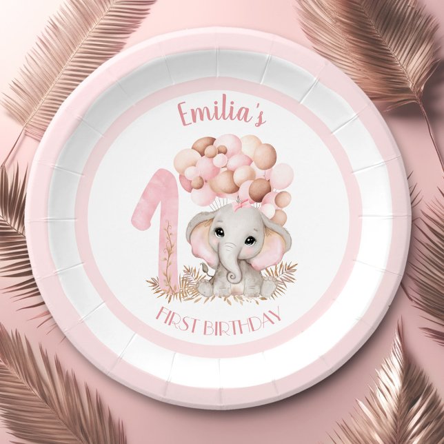 Niedlicher Elefantenrosa Pappteller (First Birthday Girl Cute Elephant Pink Paper Plates)