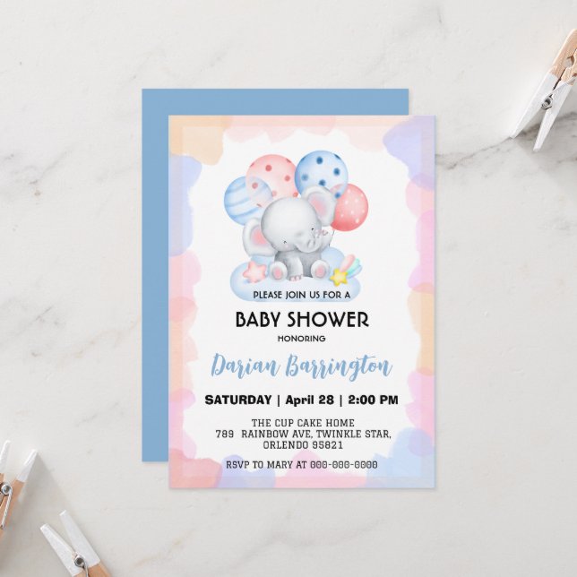 Niedlicher Elefantenstar Ballon Babydusche Party J Einladung (Vorderseite/Rückseite Beispiel)