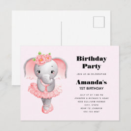 Niedlicher Elephant Ballerina Pink & Grau Geburtst Einladungspostkarte