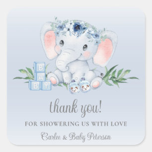 Niedlicher Elephant Blue Floral Boy Babyaufkleber Quadratischer Aufkleber