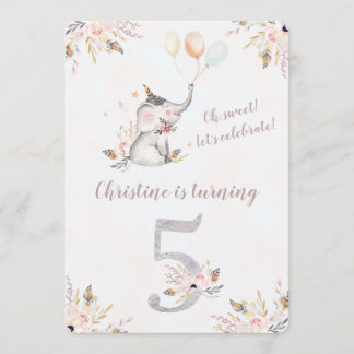Niedlicher Elephant Boho Floral Fünftter Geburtsta Einladung