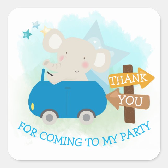 Niedlicher Elephant Car Danke, Junge Geburtstag Quadratischer Aufkleber (Vorderseite)