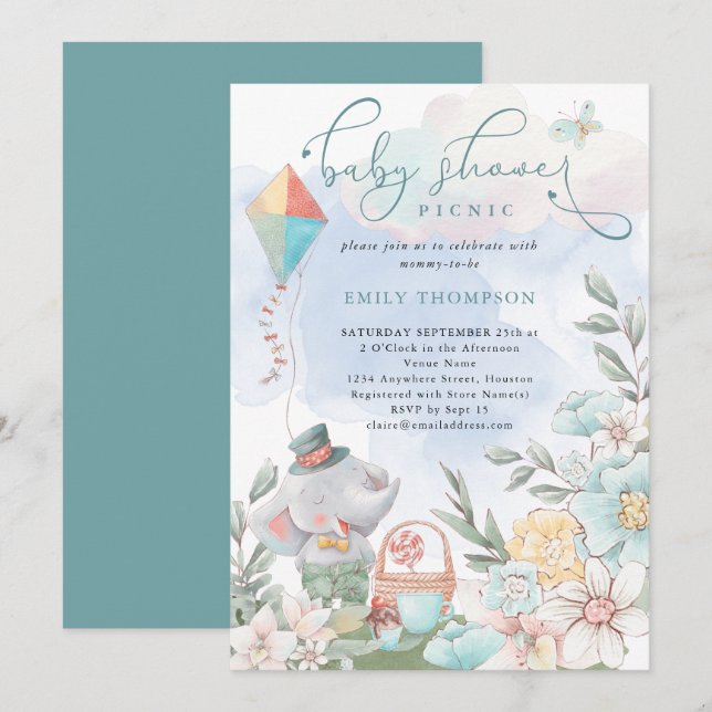 Niedlicher Elephant Florals Baby Shower Picnic Boy Einladung (Vorne/Hinten)
