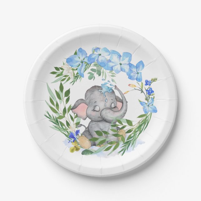 Niedlicher Elephant Florals Foliage Blue Baby Dusc Pappteller (Vorderseite)