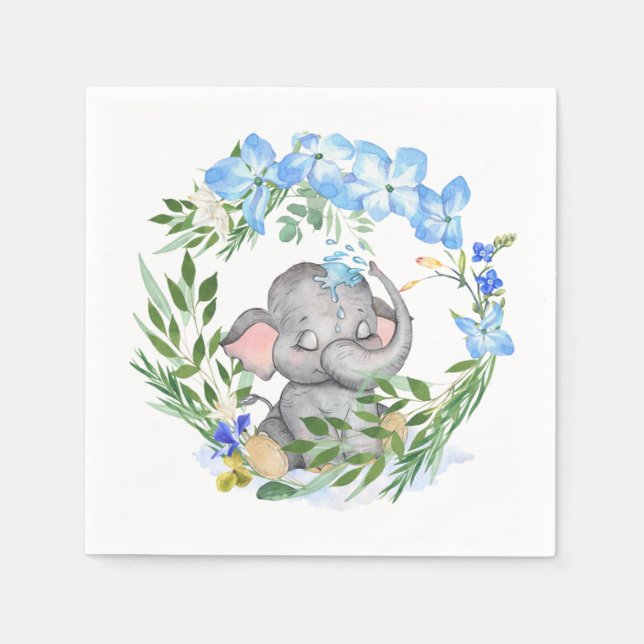 Niedlicher Elephant Florals Foliage Blue Baby Dusc Serviette (Vorderseite)