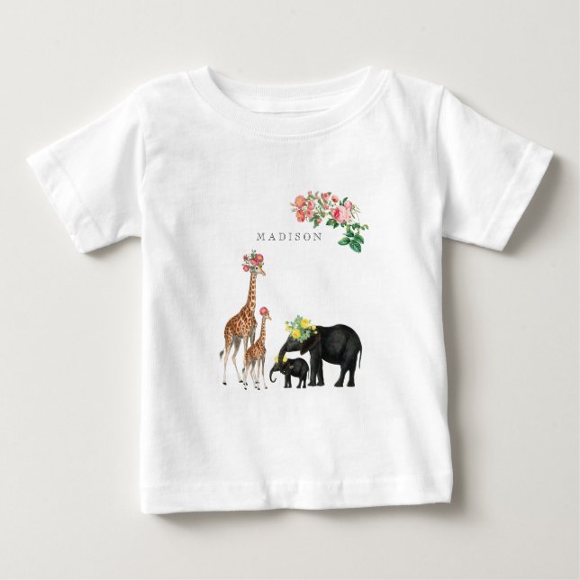 Niedlicher Elephant & Giraffe Bloral Name Baby Baby T-shirt (Vorderseite)