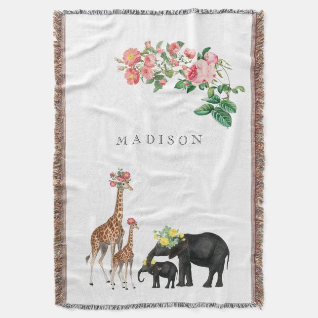 Niedlicher Elephant & Giraffe Bloral Name Baby Decke (Vorderseite Vertikal)