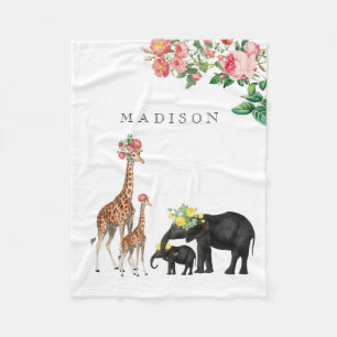 Niedlicher Elephant & Giraffe Bloral Name Baby Fleecedecke