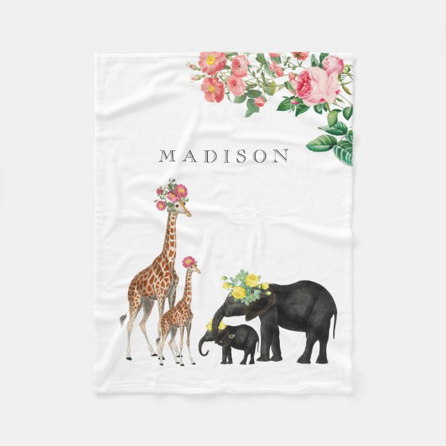Niedlicher Elephant & Giraffe Bloral Name Baby Fleecedecke (Vorderseite)