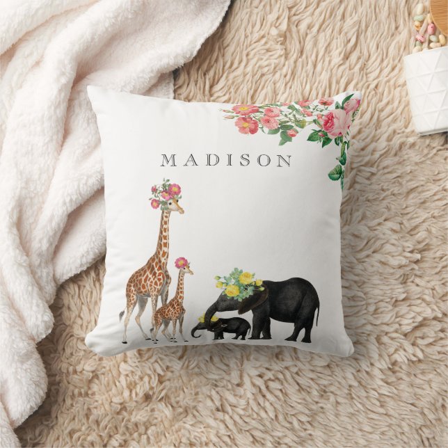 Niedlicher Elephant & Giraffe Bloral Name Baby Kissen (Decke)