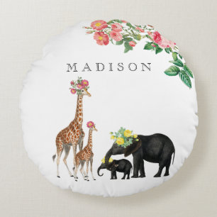 Niedlicher Elephant & Giraffe Bloral Name Baby Rundes Kissen