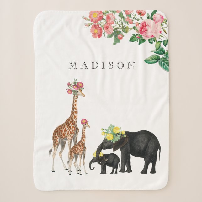 Niedlicher Elephant & Giraffe Bloral Name Baby Sherpadecke (Vorderseite)