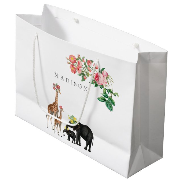 Niedlicher Elephant & Giraffe Individuelle Name Große Geschenktüte (Vorderseite Schrägansicht)